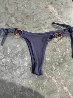 Ribbed Navy Tie-Side Bikini Bottom with Tortoiseshell Rings